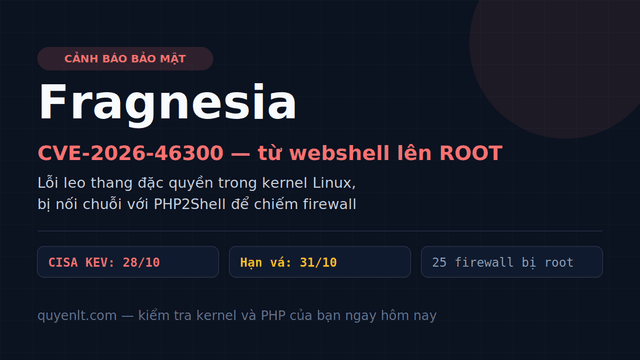 Fragnesia CVE-2026-46300: Lỗi kernel Linux biến webshell PHP thành quyền root — Kiểm tra và vá trước 31/10