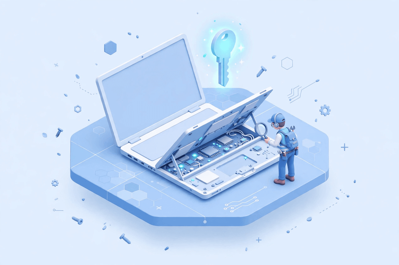 Minh họa 3D isometric: laptop của lập trình viên bị mở tung với chiếc chìa khoá lạ phát sáng phía trên, kỹ sư đang dùng kính lúp kiểm tra bên trong máy