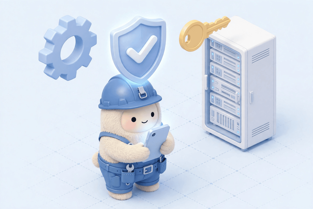 Minh họa 3D isometric: kỹ sư cầm điện thoại với lá chắn có dấu tích, chìa khóa và tủ máy chủ bên cạnh — tượng trưng cho việc bật xác thực hai lớp và bảo vệ tài khoản