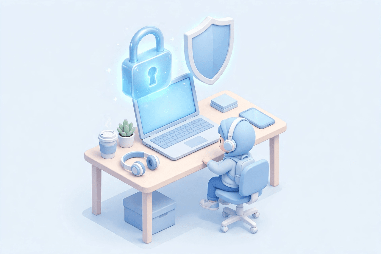 Minh họa 3D isometric: người dùng ngồi trước laptop với biểu tượng ổ khóa và lá chắn bảo vệ phát sáng phía trên màn hình