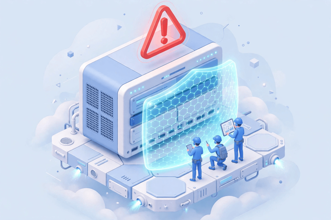 Minh họa 3D isometric: thiết bị tường lửa mạng với lá chắn bảo vệ phát sáng và kỹ sư đang kiểm tra, biểu tượng cảnh báo màu đỏ phía trên