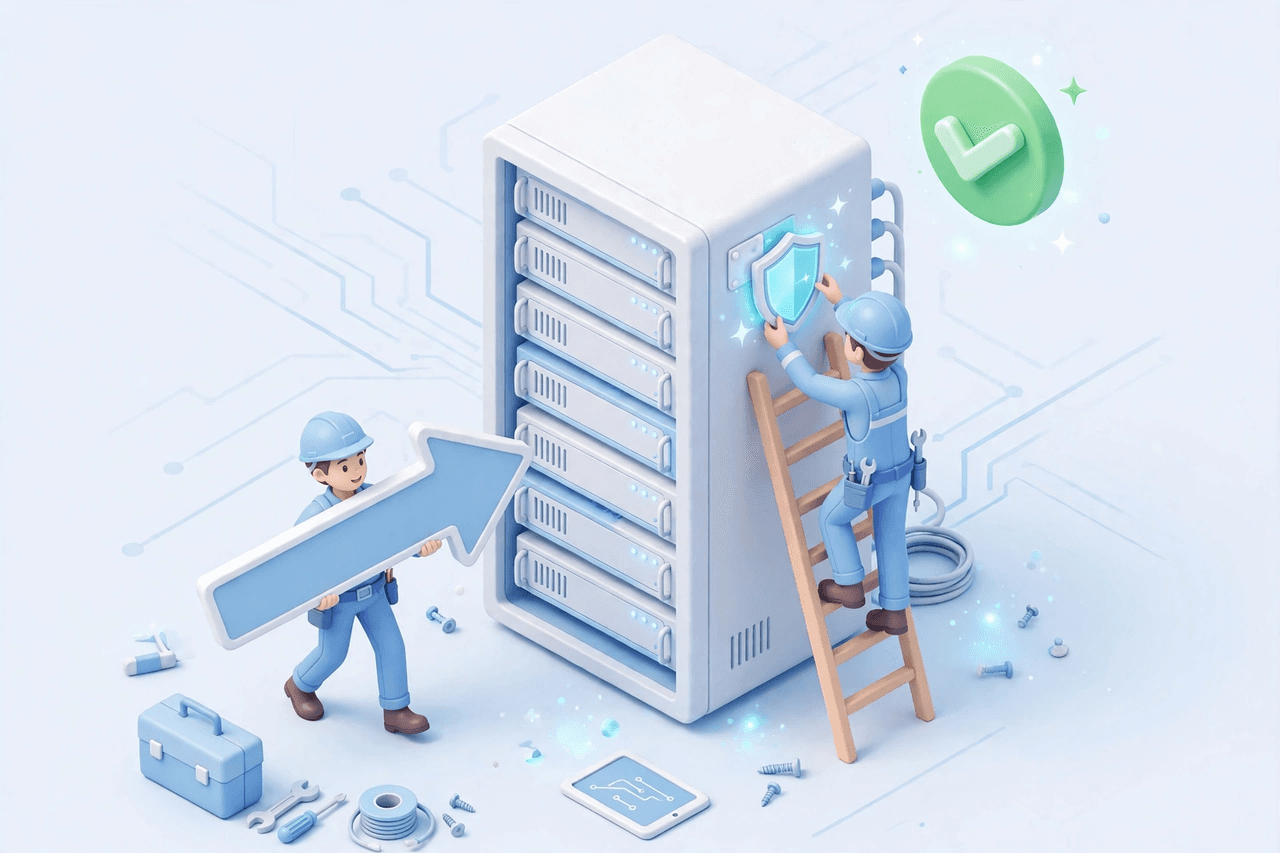 Minh họa 3D isometric: kỹ sư đang gắn lá chắn bảo vệ lên máy chủ, đồng nghiệp mang theo mũi tên nâng cấp