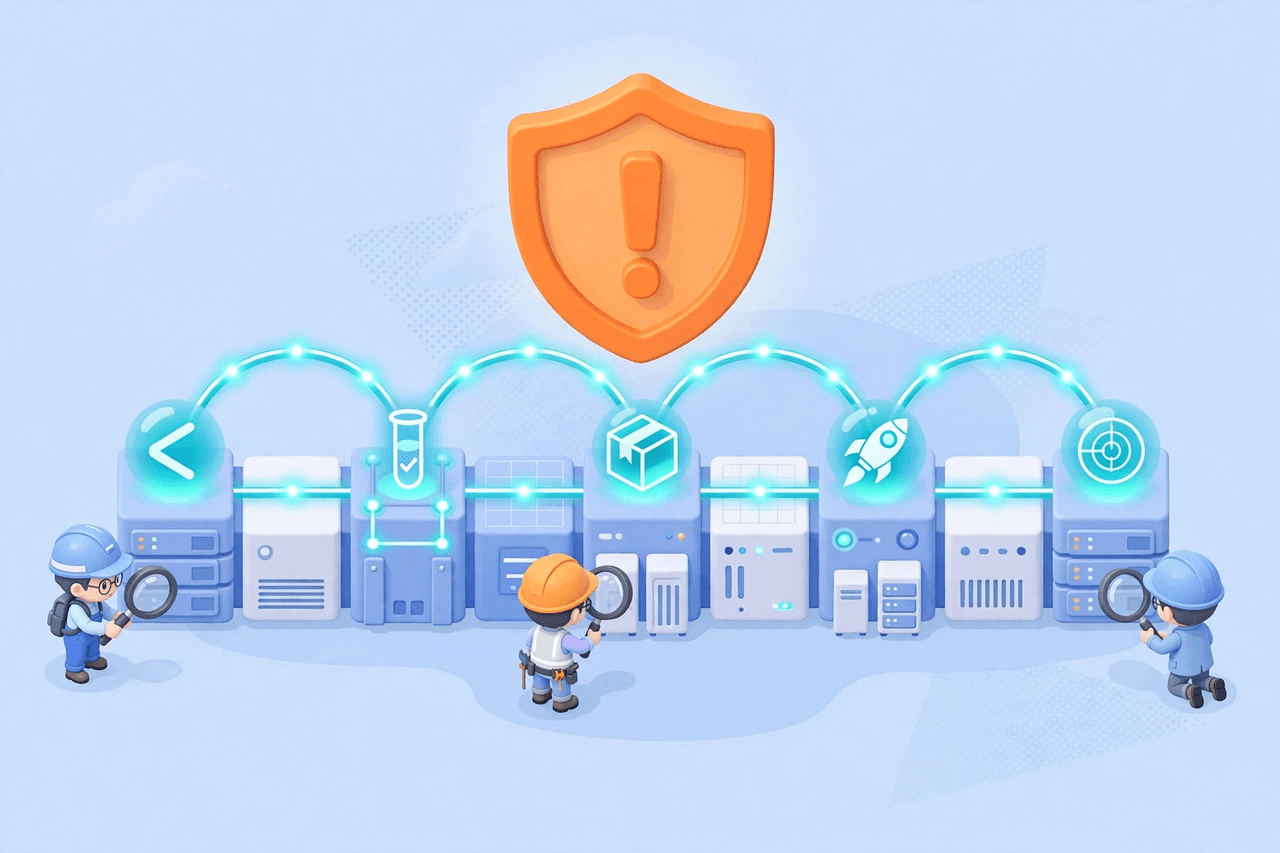 Minh họa 3D isometric: pipeline CI/CD chạy trên cụm máy chủ với khiên cảnh báo màu cam, các kỹ sư đang kiểm tra hệ thống