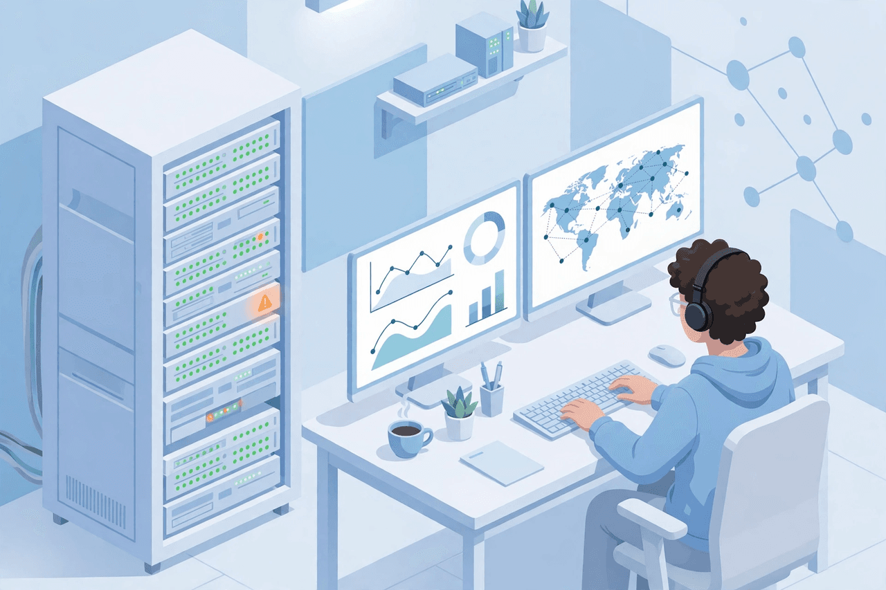Minh họa 3D isometric: kỹ sư trực NOC giám sát hệ thống mạng trên hai màn hình, tủ rack thiết bị với một đèn cảnh báo màu cam