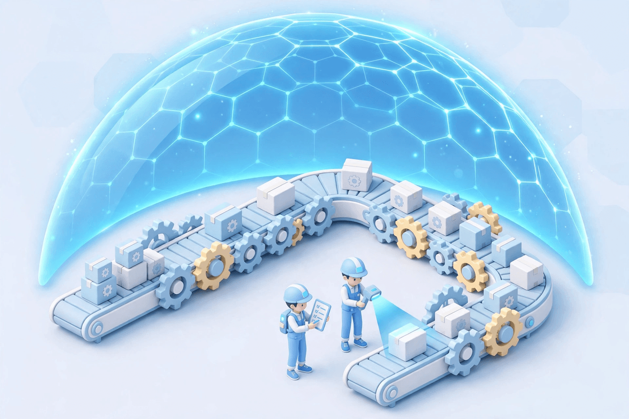 Minh họa 3D isometric: chuỗi cung ứng phần mềm với các hộp package chạy trên băng chuyền, được bao phủ bởi vòm khiên bảo vệ phát sáng, kỹ sư đang quét kiểm tra từng gói hàng