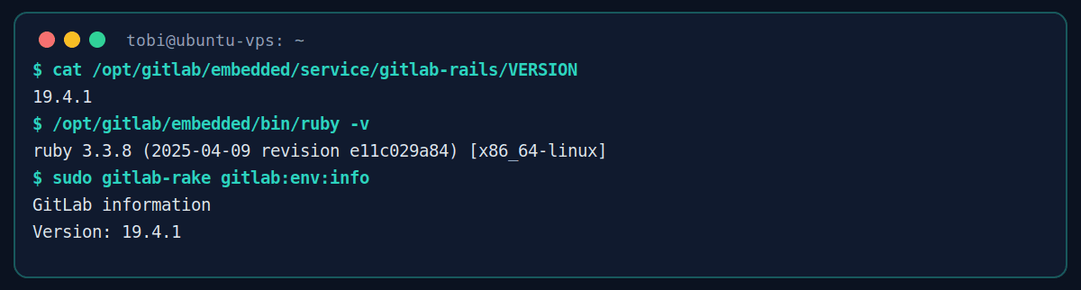 Ảnh chụp terminal trên máy GitLab kiểm tra (môi trường giả lập): kết quả cho thấy GitLab 19.4.1 và Ruby 3.3.8 — cả hai đều chưa được vá