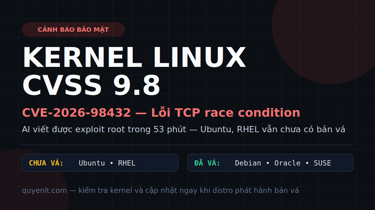 CVE-2026-98432: Lỗi kernel Linux 9.8 — AI viết exploit root trong 53 phút, Ubuntu và RHEL vẫn chưa có bản vá