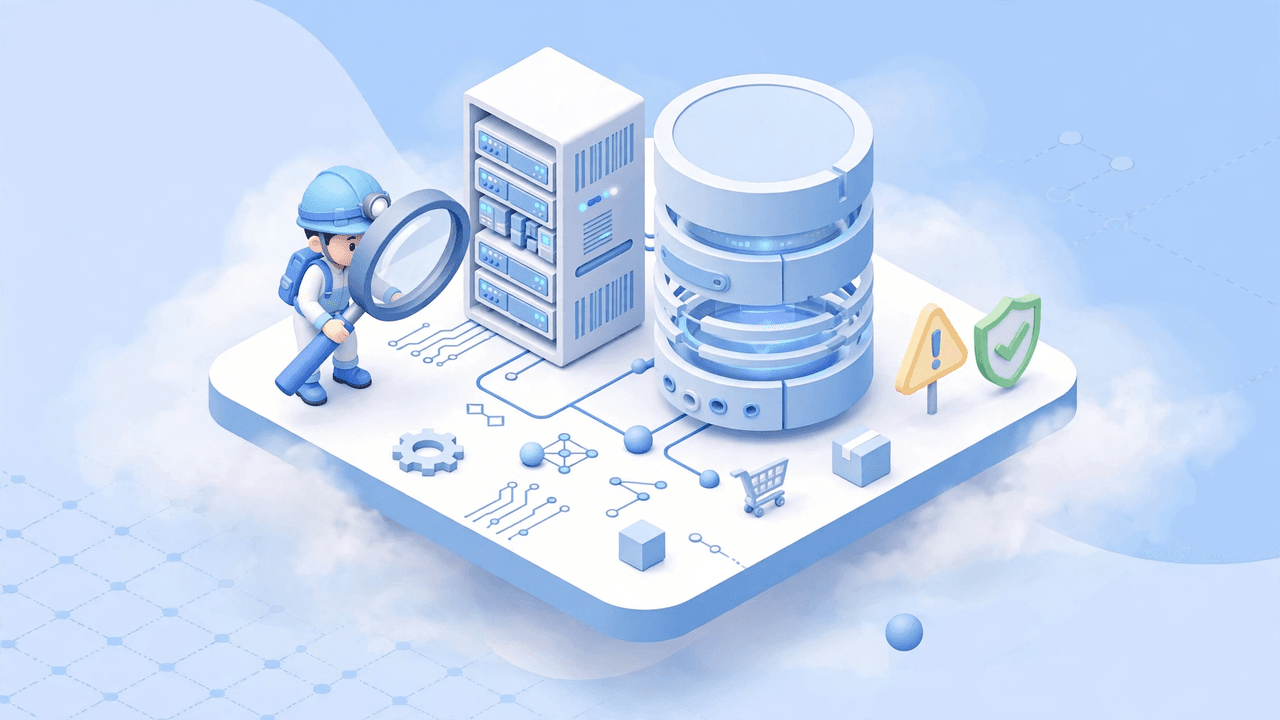Minh họa 3D isometric: kỹ sư đang rà soát máy chủ và cơ sở dữ liệu của cửa hàng Magento để tìm backdoor còn sót lại sau khi vá