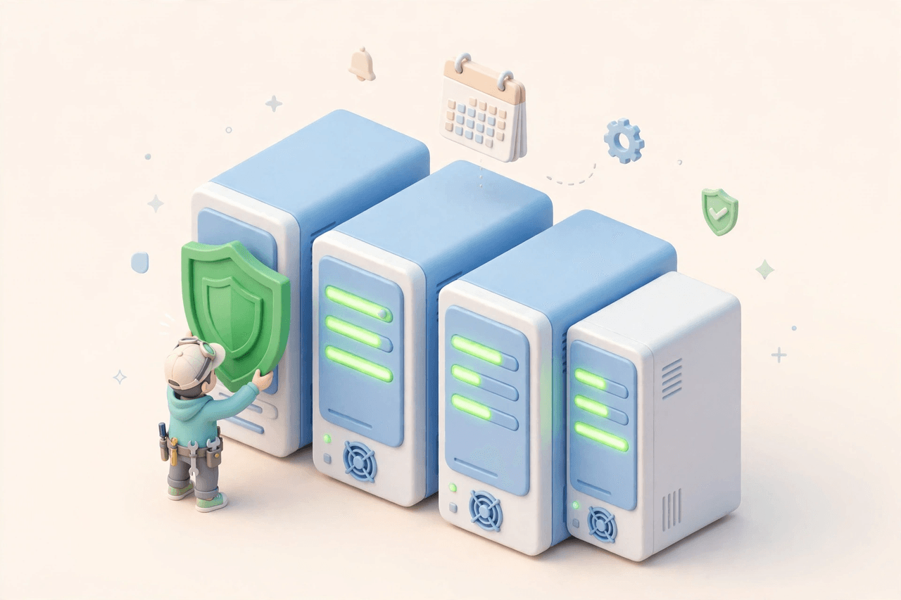 Minh họa kỹ sư đang gắn lá chắn bản vá lên dãy máy chủ Linux, kèm lịch nhắc cập nhật
