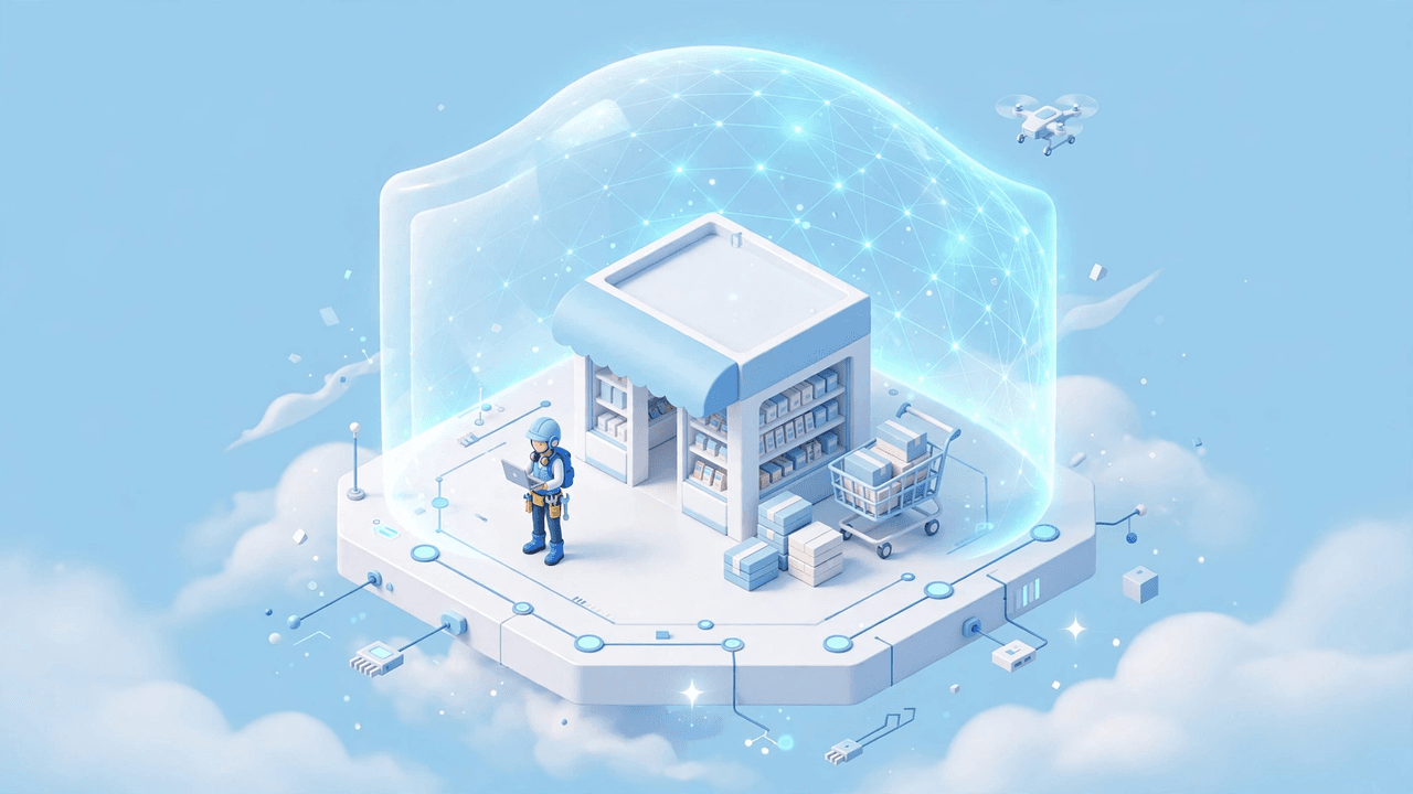 Minh họa 3D isometric: cửa hàng online với giỏ hàng và lá chắn bảo vệ, kỹ sư đang kiểm tra máy chủ của shop
