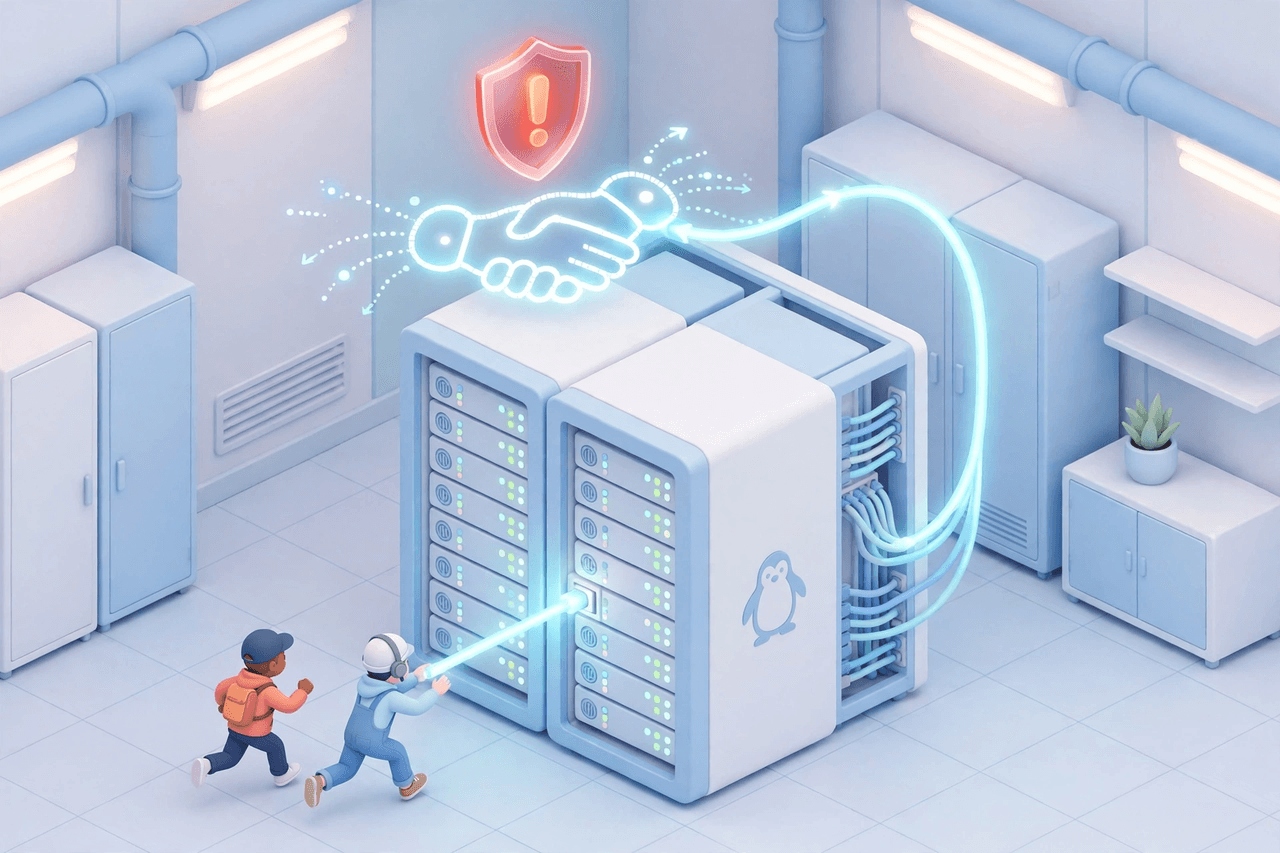Minh họa cuộc đua TCP trong kernel Linux: hai CPU cùng truy cập một kết nối, lá chắn cảnh báo phía trên cụm máy chủ