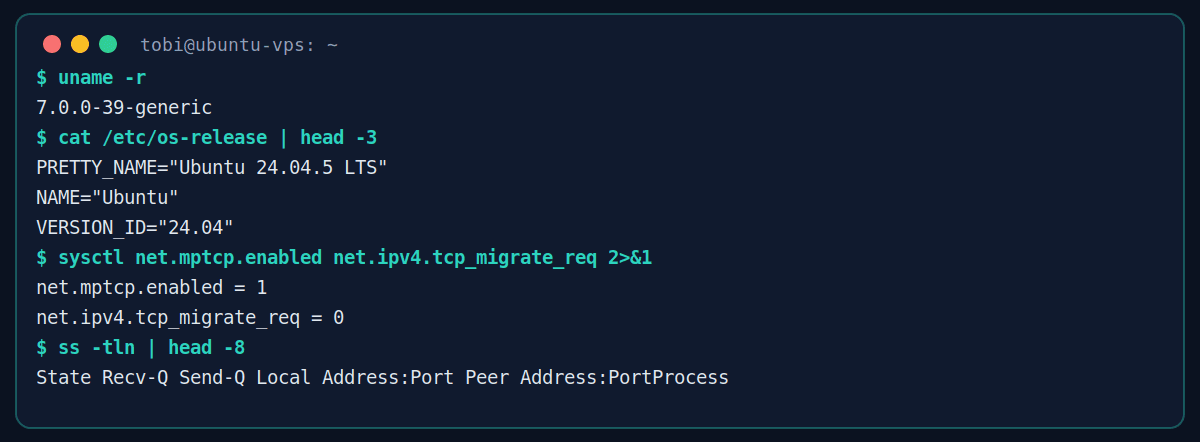 Ảnh chụp terminal: kết quả chạy lệnh kiểm tra kernel, distro, cấu hình MPTCP và cổng TCP đang lắng nghe