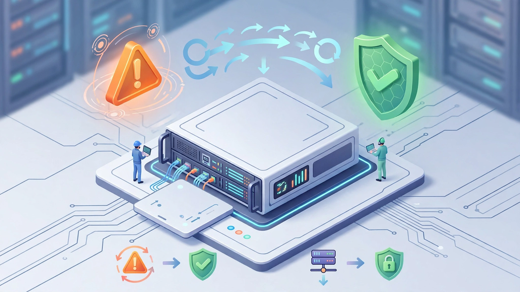 Minh họa isometric cảnh báo lỗ hổng trên máy chủ và lá chắn bảo vệ