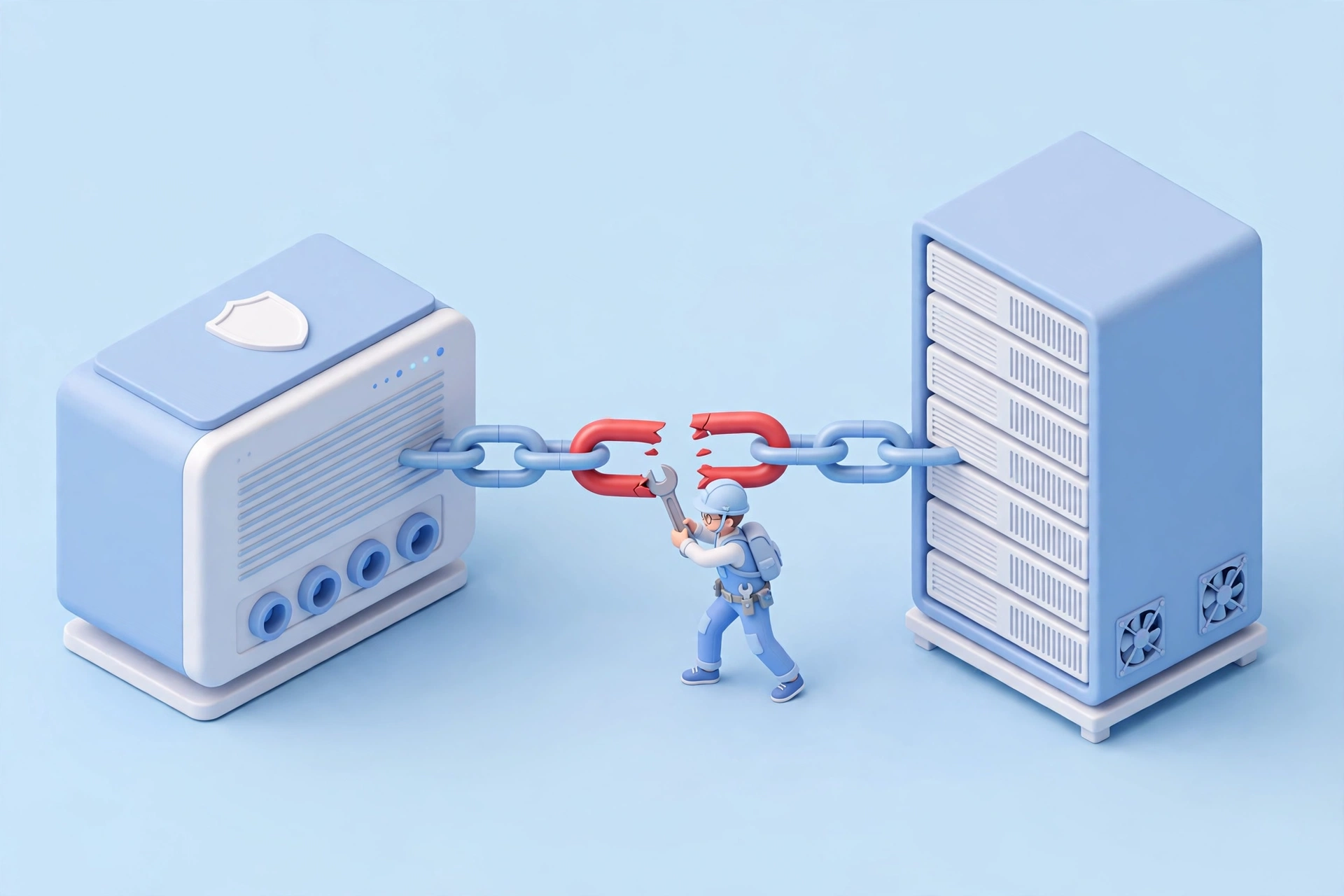 Minh họa chuỗi tấn công: firewall và máy chủ nối với nhau bằng mắt xích, kỹ sư đang cắt đứt mắt xích màu đỏ