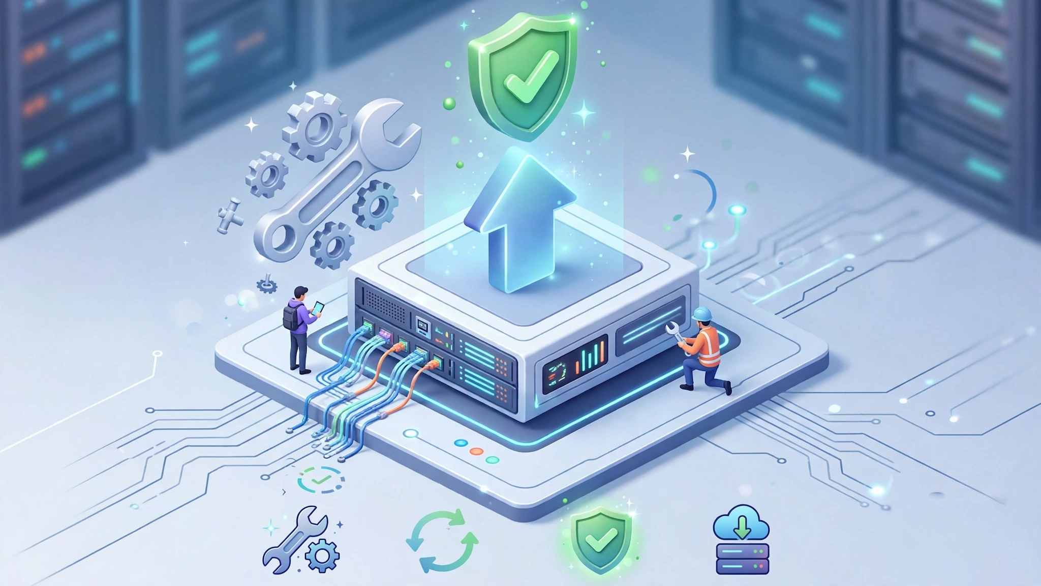 Minh họa isometric cập nhật và vá lỗi máy chủ