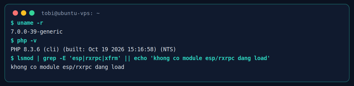 Ảnh chụp terminal thật: lệnh uname -r, php -v và kiểm tra module esp rxrpc xfrm