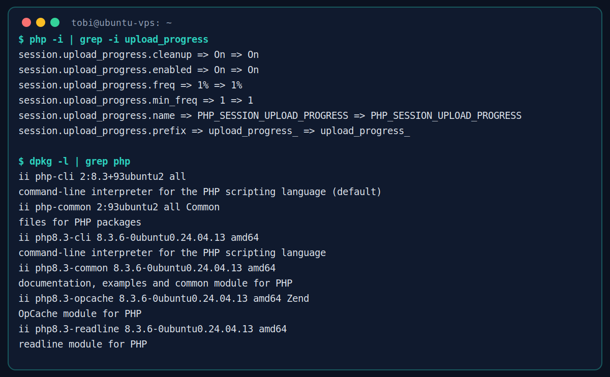 Ảnh terminal kiểm tra cấu hình session.upload_progress và danh sách gói PHP đã cài
