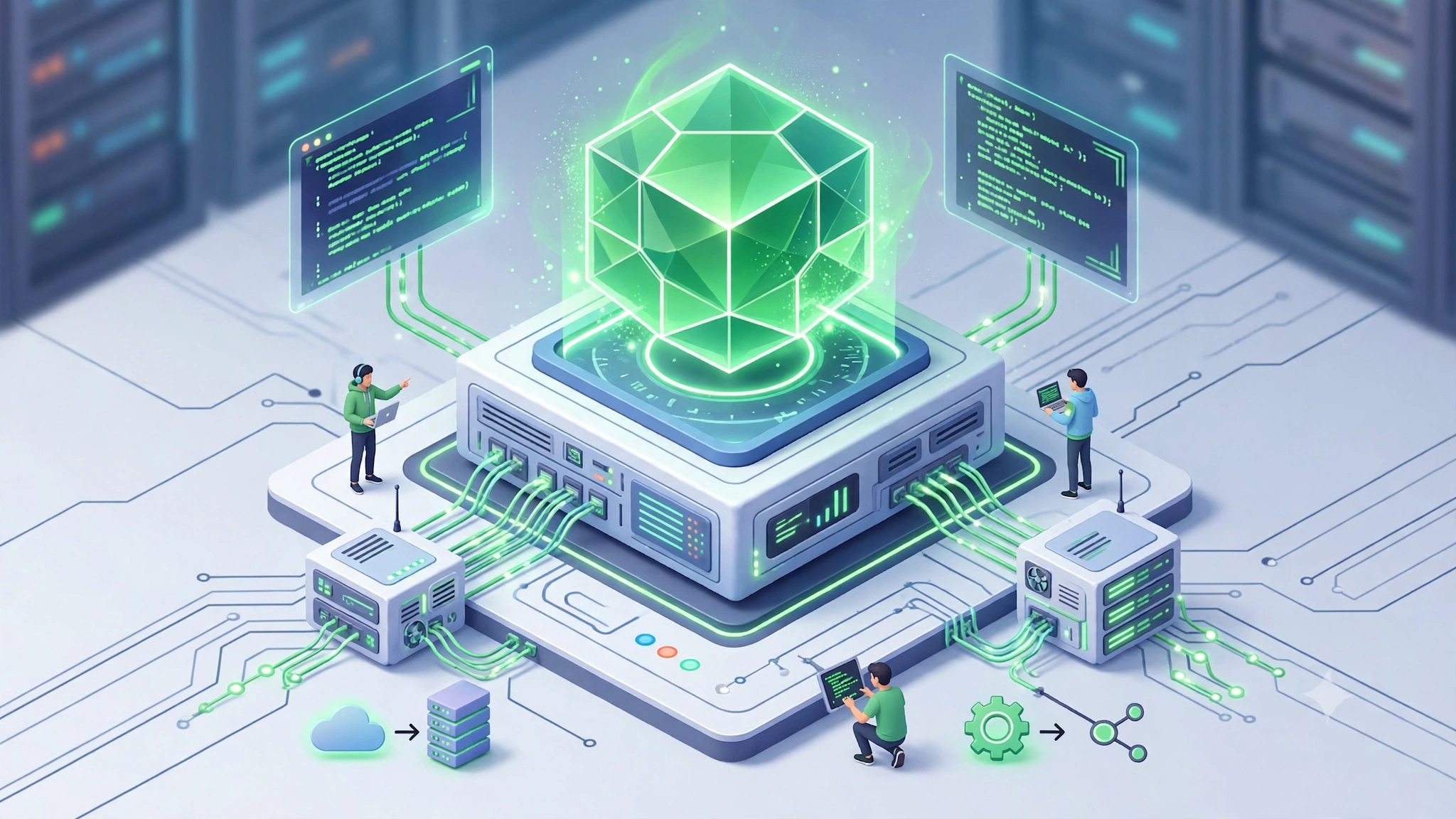 Minh họa isometric máy chủ Node.js với khối lục giác xanh phát sáng