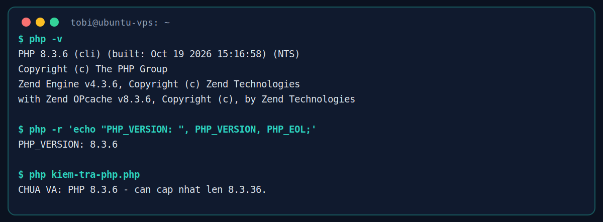 Ảnh terminal chạy lệnh php -v và script kiểm tra phiên bản PHP trên máy Ubuntu giả lập