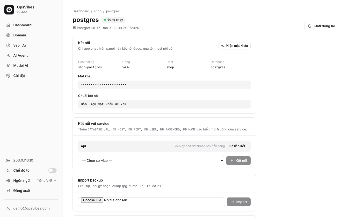 Trang quản lý database PostgreSQL