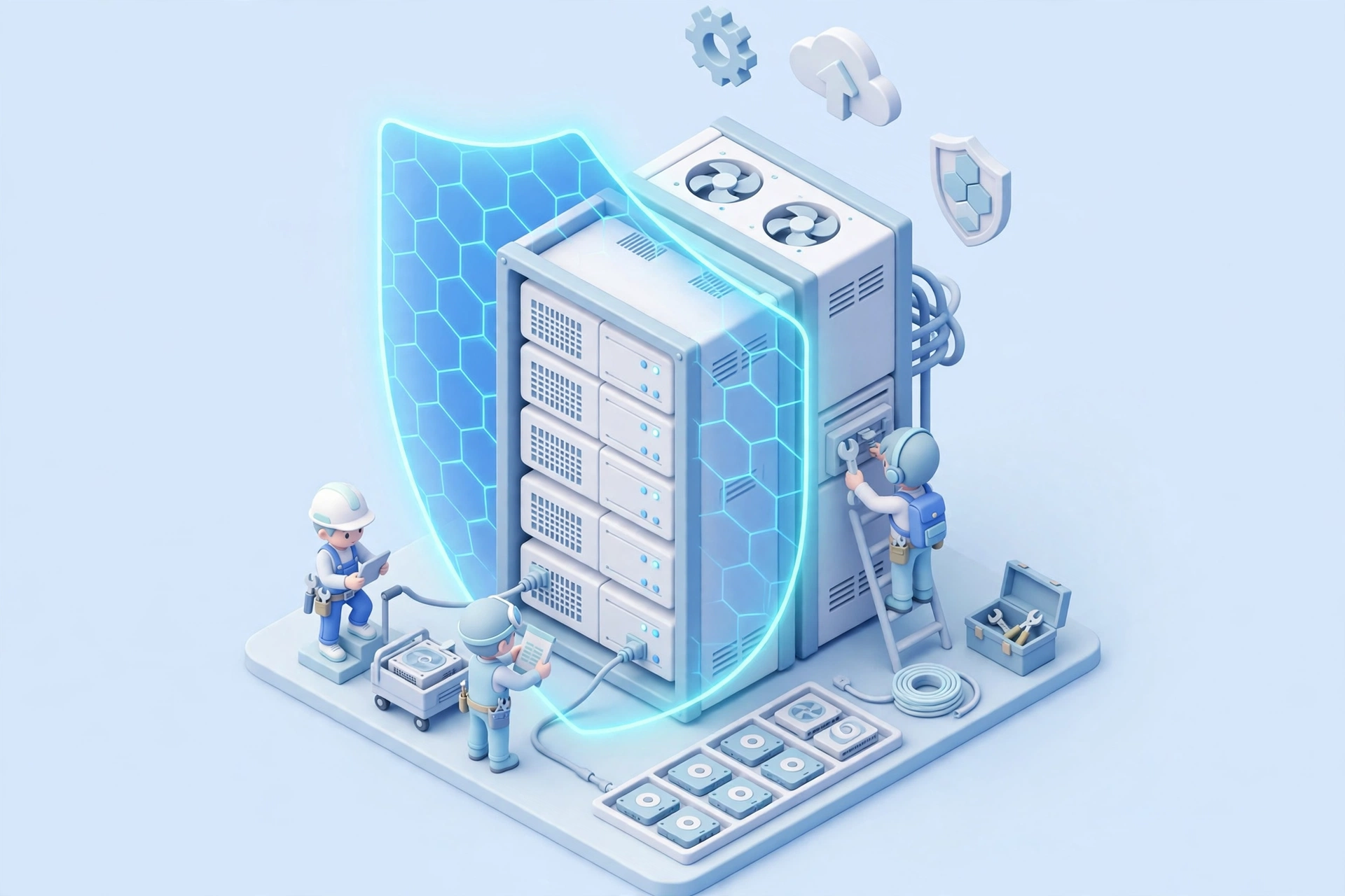 Minh họa 3D isometric: kỹ sư đang vá và bảo vệ cụm máy chủ Linux bằng lá chắn phát sáng