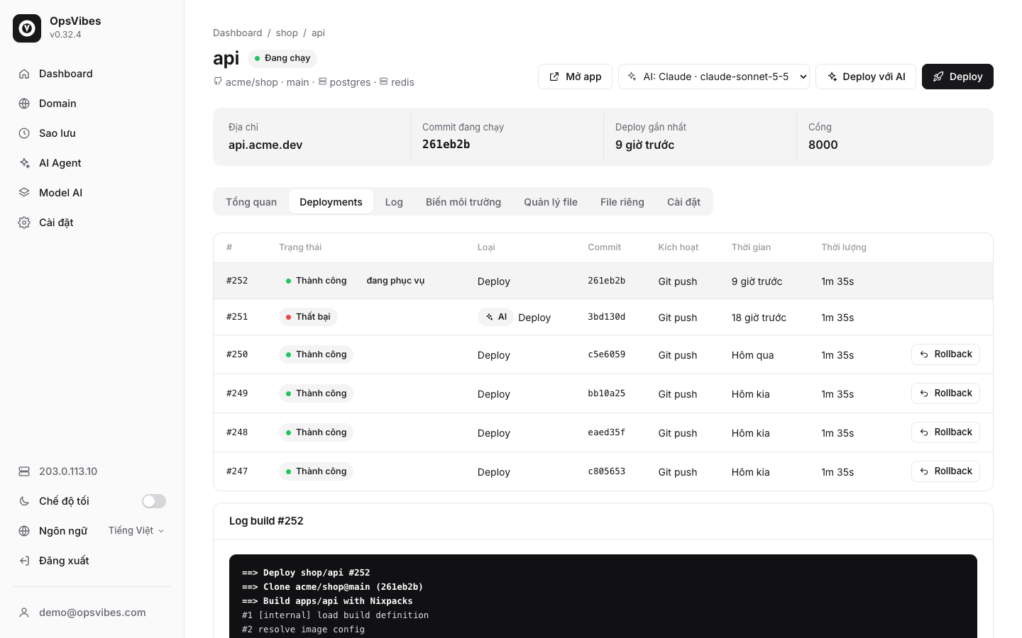 Tab Deployments với nút Rollback
