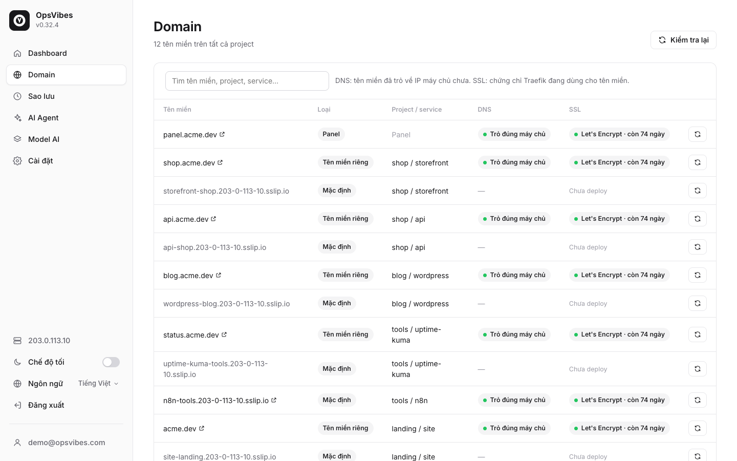 Trang Domain kiểm tra DNS và SSL